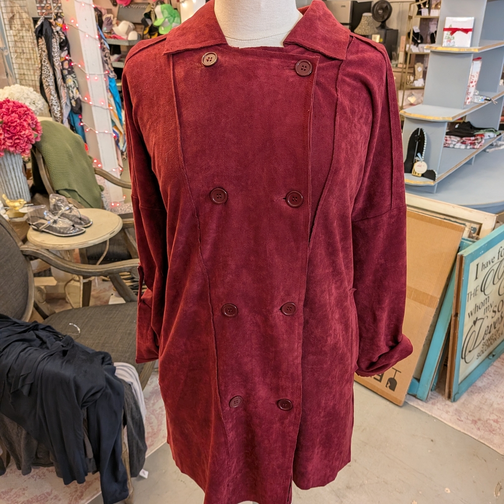 Chic Burgundy Double-Breasted Suede Leather Jacket